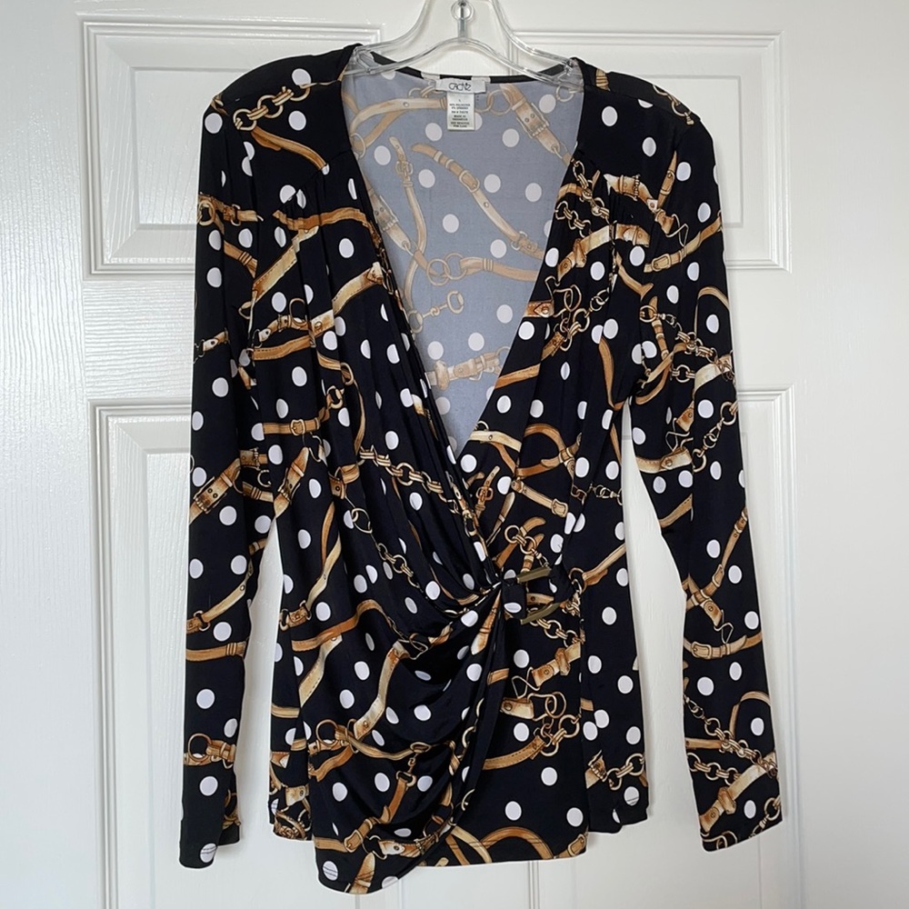 Cache Long Sleeve V Neck, fabric pattern leather reins and chains